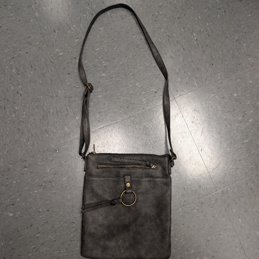 Diba True Women's Gray Leather Zipper Outer Pockets Crossbody Strap Shoulder Bag